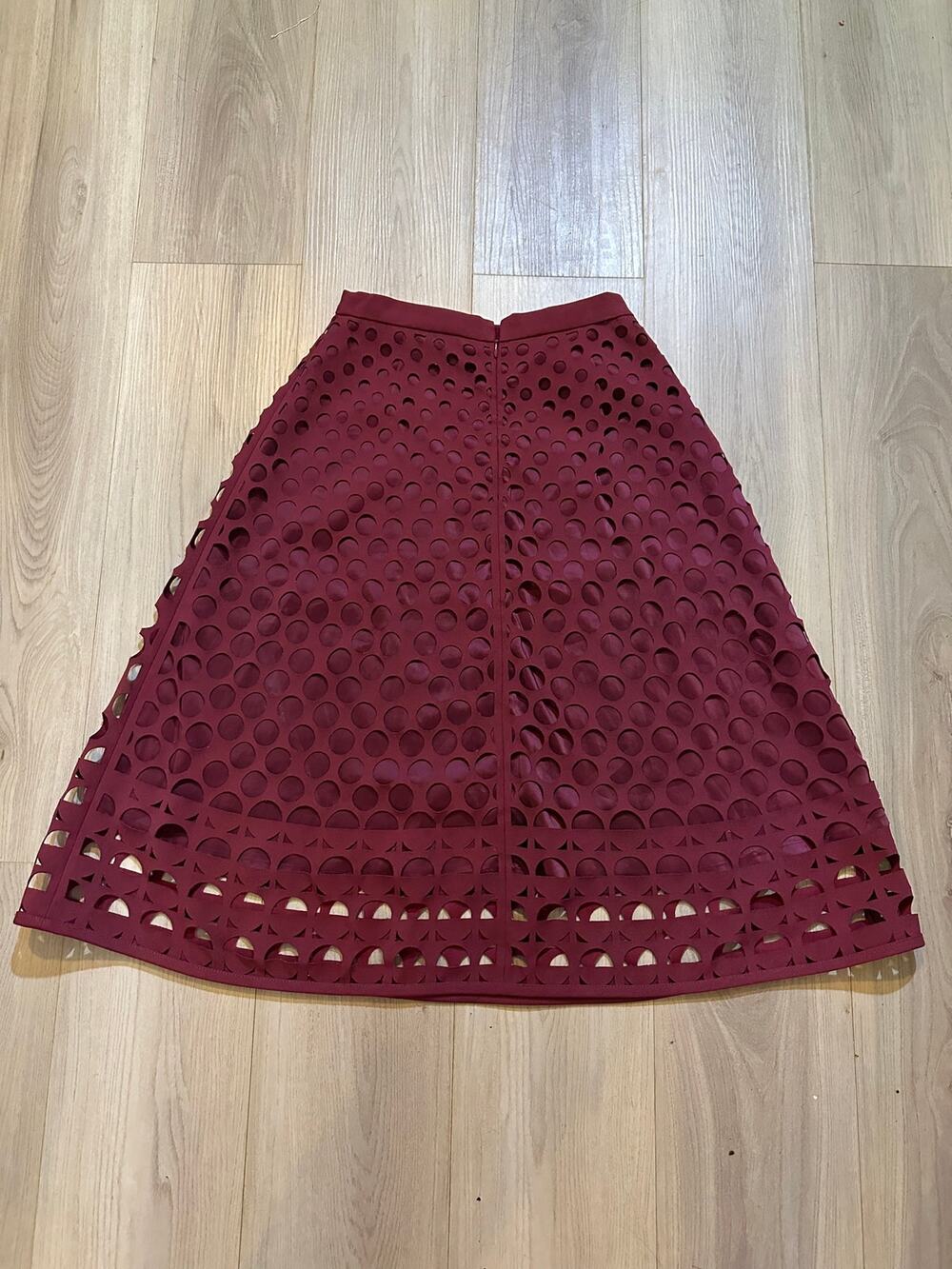 J. Crew Laser Cut Eyelet A-Line Midi Skirt Womens 0 Burgundy Maroon Flared